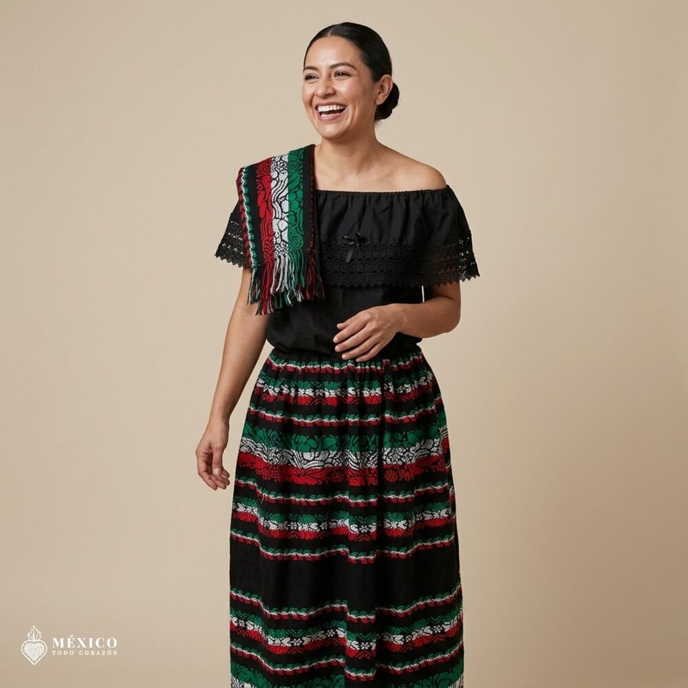 Traditional Mexican Floral Cambaya Dress Set – Handmade Three-Pieces